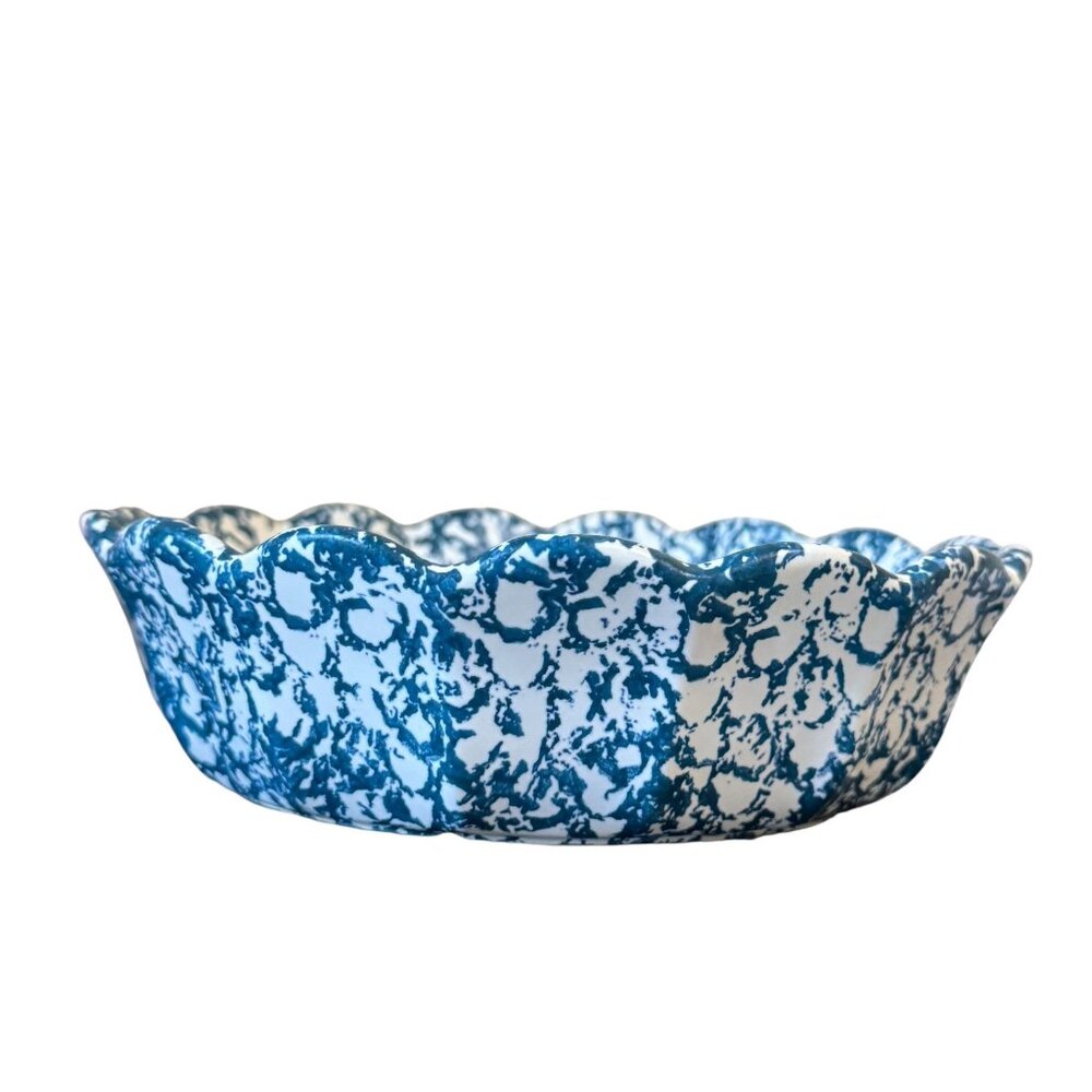 Vintage McCoy USA Blue Spongeware Scalloped Ceramic Bowl Model 7533, Size 7.5" - Picture 5 of 12